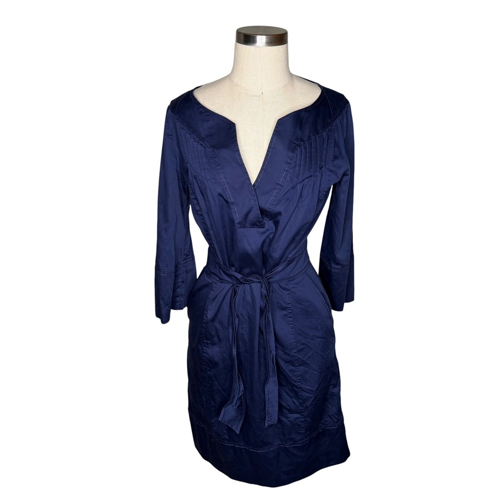 DIANE VON FURSTENBERG Dress Navy Blue Belted V-Neck Pleated Women's Size 8